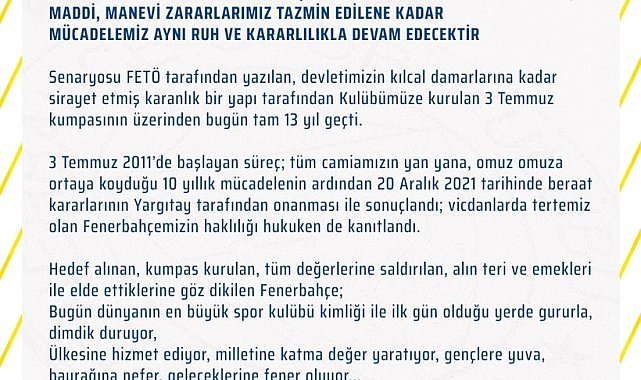 Fenerbahçe'den 3 Temmuz açıklaması