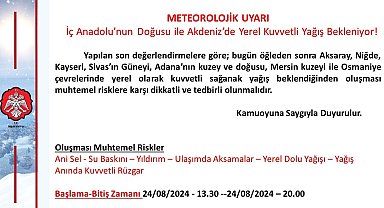Niğde Valiliği'nden sağanak yağış uyarısı
