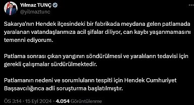 Adalet Bakanı Tunç: "Patlamanın sebebi ve sorumluların tespiti için adli soruşturma başlatılmıştır"