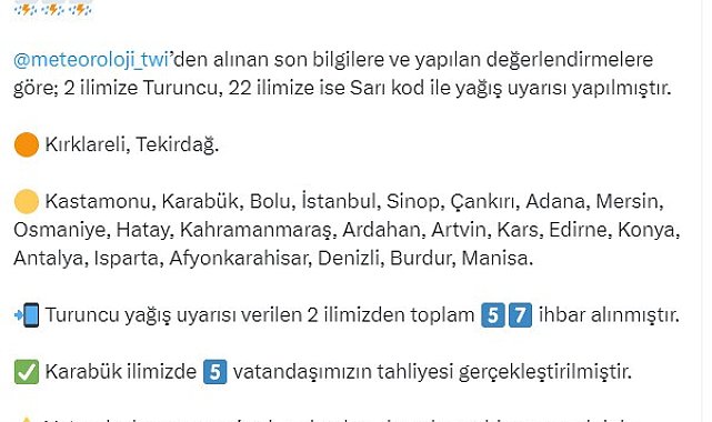 AFAD, 2 ilde turuncu, 22 ilde ise sarı kod ile yağış uyarısı yaptı