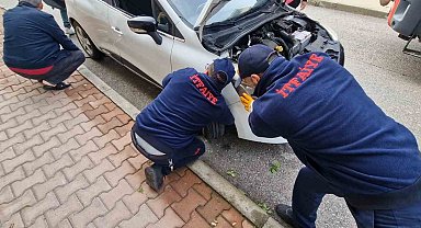 Araç motoruna giren kedileri kurtarmak için seferber oldular