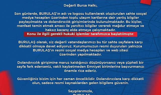 BURULAŞ'tan dolandıcılık uyarısı