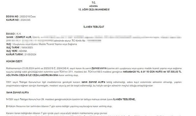 Hükümlüye hapis kararı ilanla tebliğ edildi