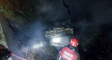 Kontrolden çıkarak yol kenarına uçan araç alev topuna döndü: 2 yaralı