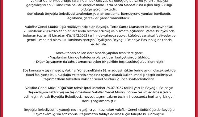 Vakıflardan 'Terra Santa Manastırı'na ilişkin açıklama