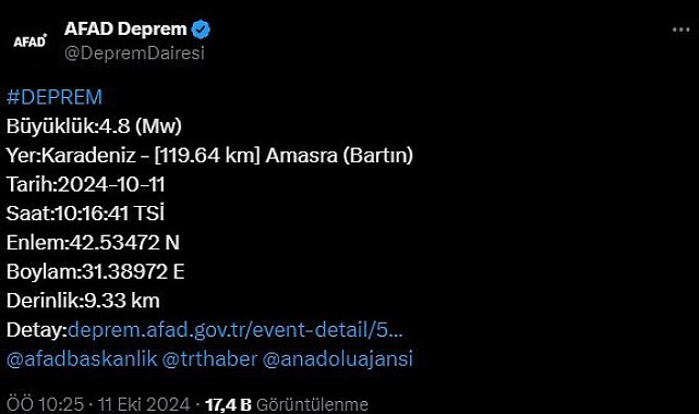 Bartın açıklarında 4,8 büyüklüğünde deprem
