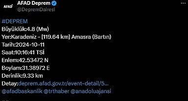 Bartın açıklarında 4,8 büyüklüğünde deprem