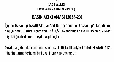 Elazığ Valiliği'nden deprem açıklaması: "Herhangi bir hasar ihbarı yapılmamıştır"