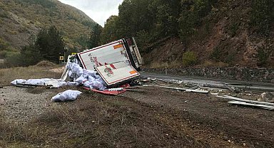 Kontrolden çıkan plastik boru yüklü tır yola devrildi
