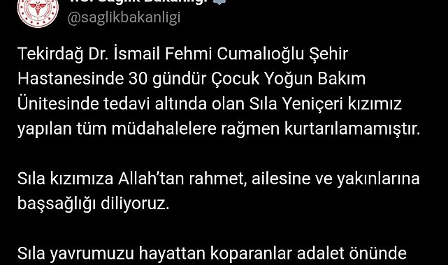 Sağlık Bakanlığı: "Sıla yavrumuzu hayattan koparanlar adalet önünde mutlaka hesap verecektir"