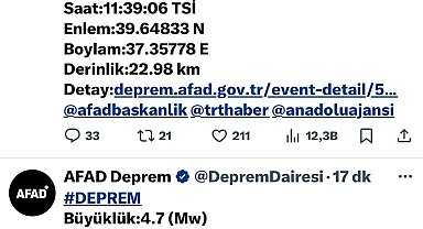 Sivas'ta on dakika arayla iki deprem